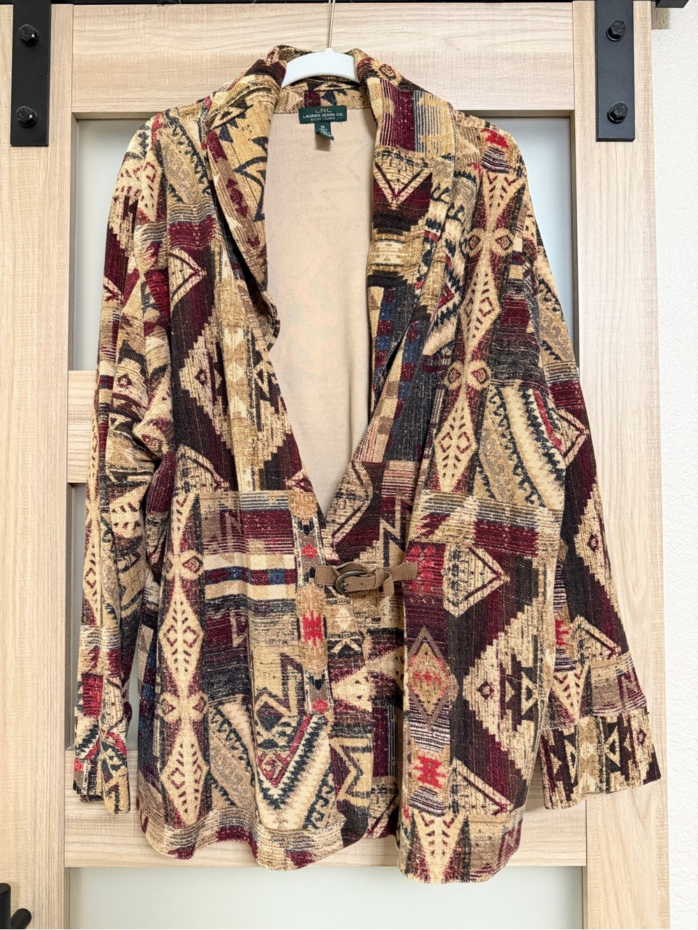 Ralph Lauren Geometric Knit Shawl Collar Blazer in Beige & Burgundy